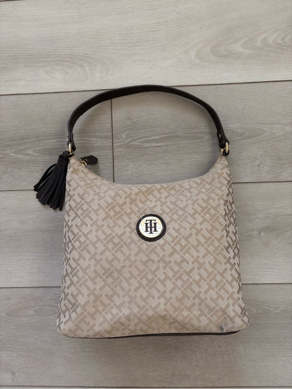 Tommy Hilfiger Beige Jacquard Shoulder Hobo with Brown Leather Detailing